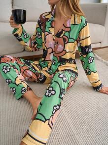 SHEIN Cottnline 2Pcs Viscose Cute Bear&Letter Pattern Homewear Pj Set - Multicolor - View 3