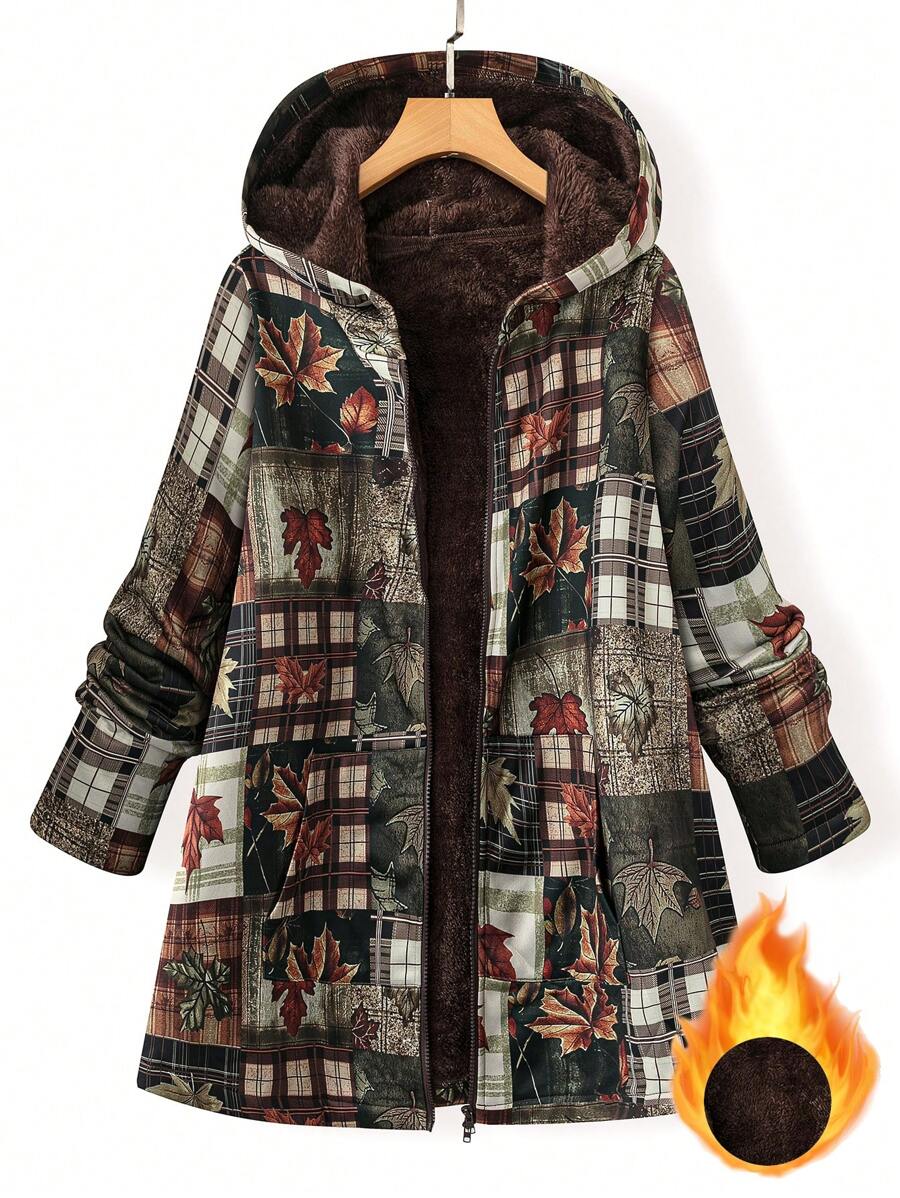 Plus Size Colorblock & Graphic Print Thermal Lined Hooded Coat, Casual ...