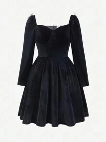 SHEIN Explorewe Vestido de moda de manga larga y terciopelo negro para adolescentes - Negro - Ver 1