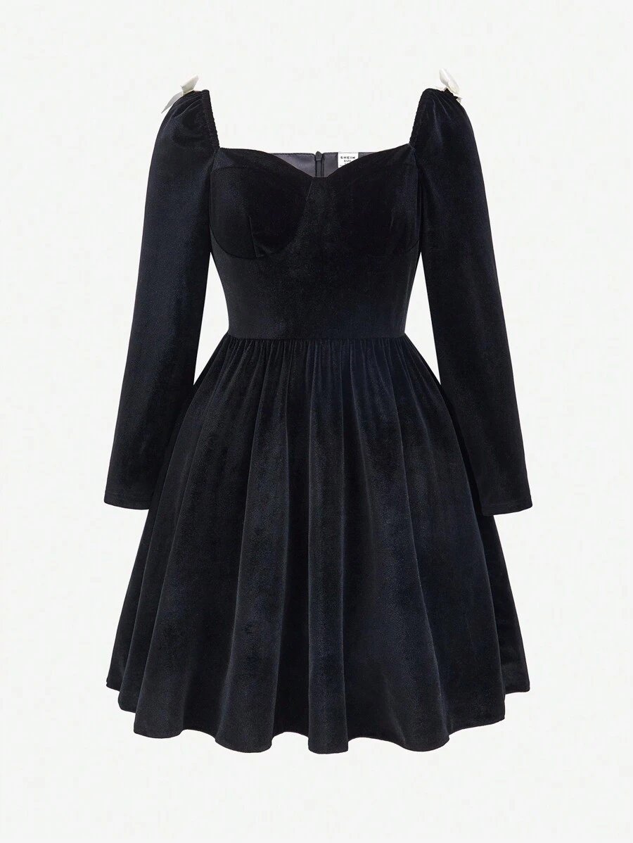 SHEIN Explorewe Vestido de moda de manga larga y terciopelo negro para adolescentes - Negro - Ver 1