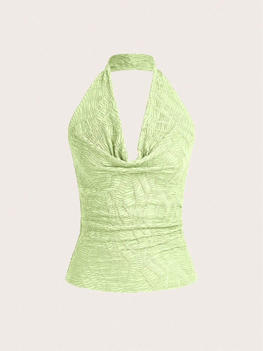 SHEIN Essnce 1 件女士时尚纯色纹理垂领露背吊带背心上衣 - 薄荷綠 - 查看 1