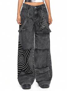 ROMWE Grunge Punk Women Loose Cargo Boy Friend Jeans With Distressed Star Patch, Punk Apocalyptic Style