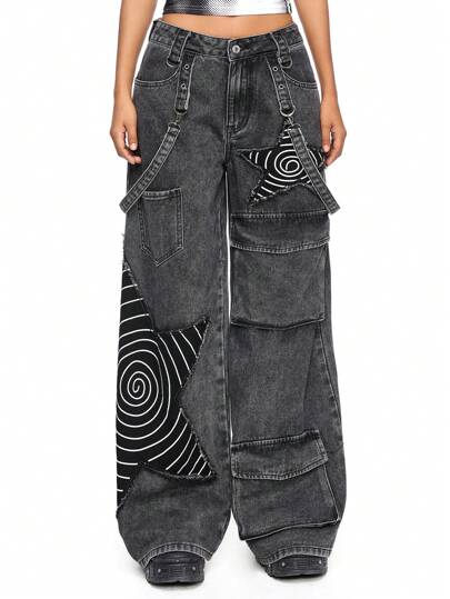 Grunge Punk Women Loose Cargo Boy Friend Jeans With Distressed Star Patch, Punk Apocalyptic Style