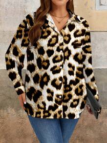 SHEIN LUNE Lässiges leopardengemustertes Große Größen-Damen-Langarmhemd mit Hemdkragen und Knopfleiste, geeignet für Herbst und Winter