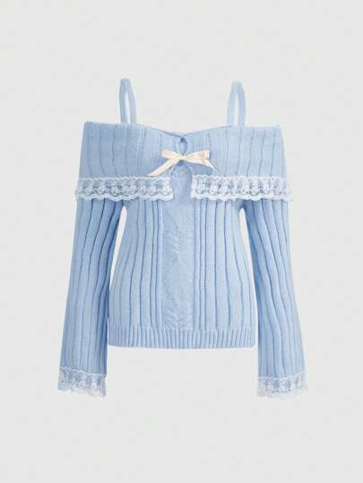 Kawaii Spitzen-Patchwork-Schleife Dekor Träger-Langarm Pullover