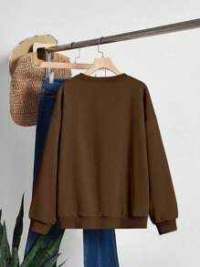 INAWLY Áo nỉ dài tay cổ tròn họa tiết đầu lâu dáng rộng cho nữ mùa thu đông - Cà phê nâu - Xem 2