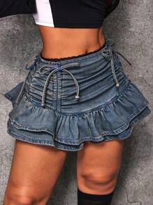 SHEIN ICON Women's Casual Denim Skirt With Side Zipper, Drawstring And Pleated Details - Blue - View 3