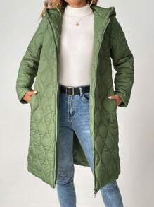 SHEIN Tall Solid Slant Pocket Zip Up Hooded Longline Quilted Coat - Green - View 7