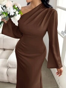 Modelyn Women's Solid Color Off Shoulder Loose Long Sleeve Bodycon Dress, With Ruffles, Wedding/Occasion Dress Long Evening Dresses