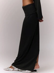 MUSERA 翻边针织长裙 夏季度假沙滩装 秋季返校季休闲裙 各种场合派对 - 黑色 - 查看 5