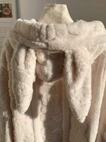 Comfortcana 1 件女式毛茸茸纯色连帽长袖运动衫，秋冬款 - 白色 - 查看 3