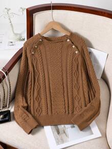 Áo len chui đầu dày màu nâu dáng rộng cho bé gái tuổi teen, áo dệt kim dài tay thời trang thường ngày, mùa thu/đông - Màu Khaki - Xem 1