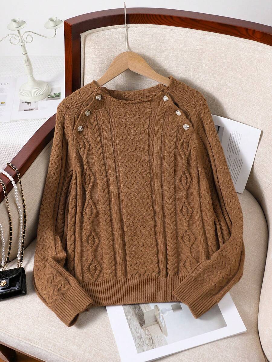 Áo len chui đầu dày màu nâu dáng rộng cho bé gái tuổi teen, áo dệt kim dài tay thời trang thường ngày, mùa thu/đông - Màu Khaki - Xem 1