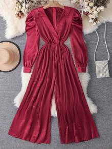 SHEIN Unity Women's Elegant Burgundy V-Neck Puff Sleeve Pleated Wide Leg Jumpsuit Fall Cloth For Women - Burgundy - View 1