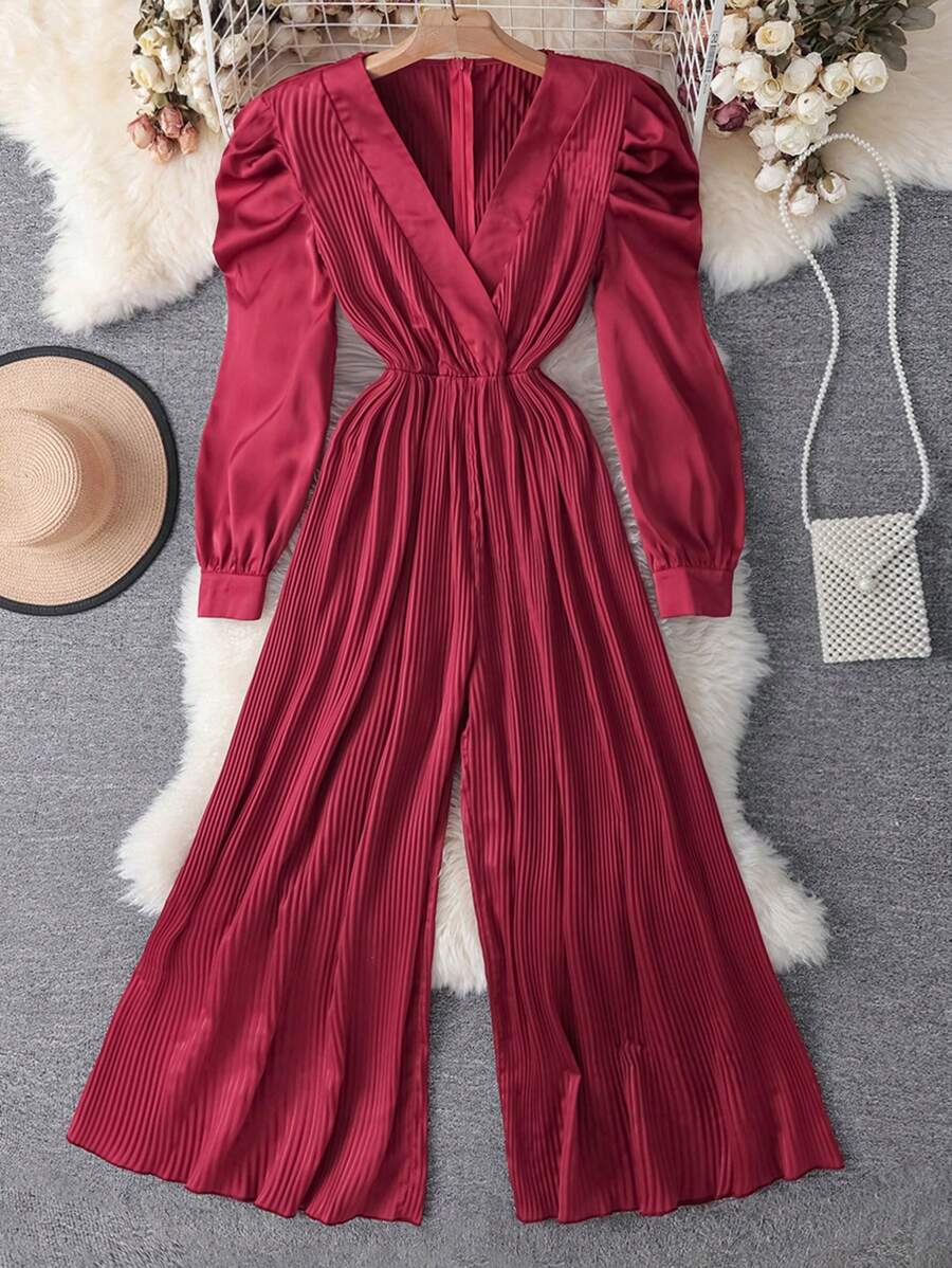 SHEIN Unity Women's Elegant Burgundy V-Neck Puff Sleeve Pleated Wide Leg Jumpsuit Fall Cloth For Women - Burgundy - View 1