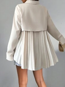 Chiquease 女式杏色卡其色拼布原创设计弧形褶皱不对称飘逸休闲宽松婴儿领衬衫领长袖上衣 - 杏色 - 查看 1