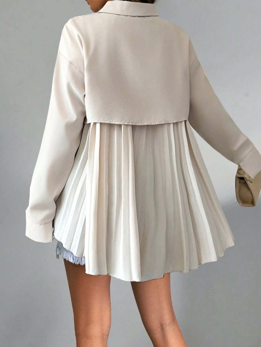 Chiquease 女式杏色卡其色拼布原创设计弧形褶皱不对称飘逸休闲宽松婴儿领衬衫领长袖上衣 - 杏色 - 查看 1