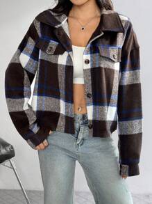 SHEIN EZwear 女式格纹落肩长袖短款休闲夹克，秋冬 - 棕色 - 查看 5