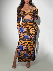 Viva Relle 大码女式镂空花卉印花开衩连衣裙 - 彩色 - 查看 7