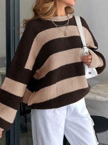 EURMUSE Women Stripe Pattern Round Neck Drop Shoulder Pullover - Multicolor - View 2