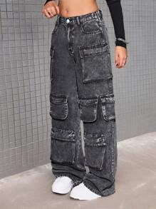 SHEIN Quần Jeans Cargo Đen Ống Thẳng Cho Bé Gái Tuổi Teen - màu đen - Xem 4