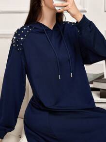 Mulvari Women's Autumn/Winter Beaded Decoration Drop Shoulder Long Sleeve Loose Drawstring Hooded Casual Sweatshirt Dress Pullover Fall Outfit