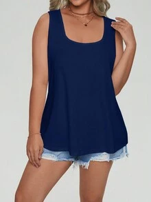 Calvaya 大码休闲纯色宽松背心 - 藍色 - 查看 5