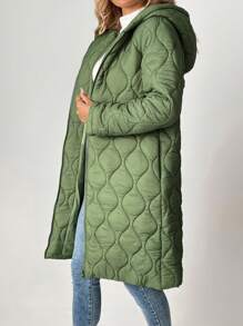 SHEIN Tall Solid Slant Pocket Zip Up Hooded Longline Quilted Coat - Green - View 3
