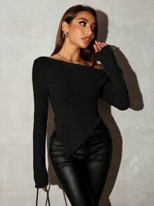 SHEIN SXY Grunge不对称颈部罗纹针织T恤，秋季女式外出上衣