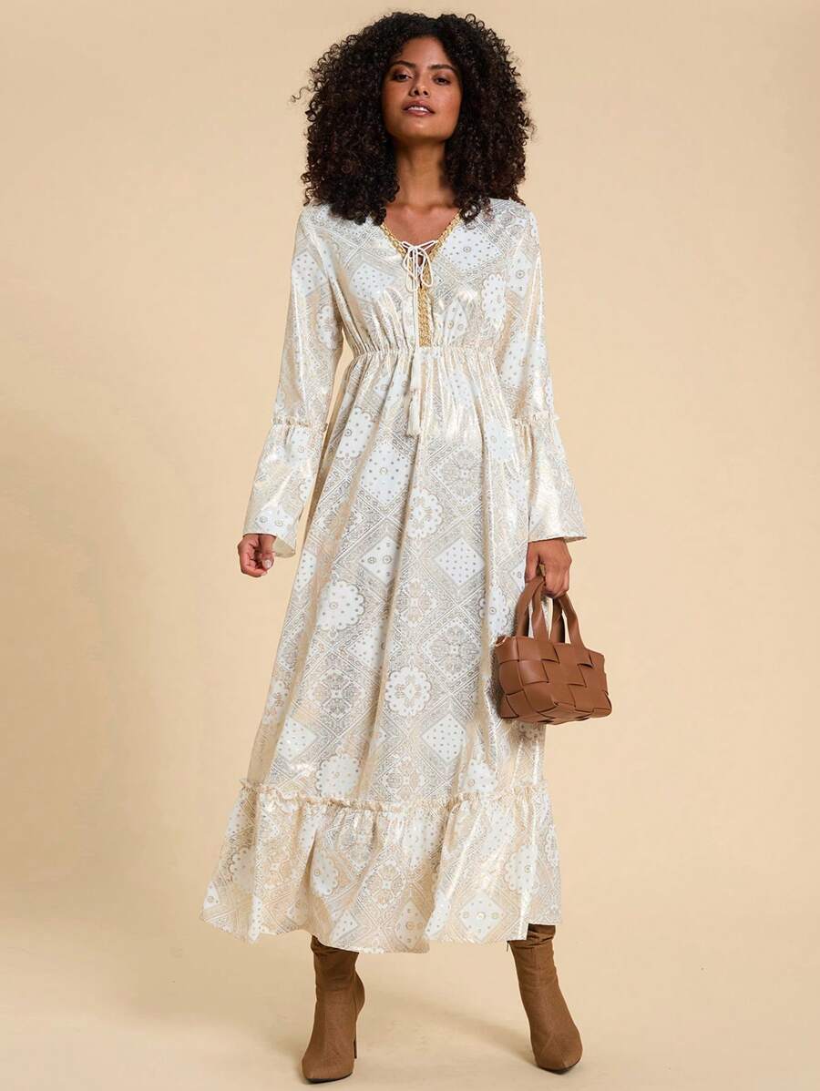 Travachic Vestido Flare de Manga Longa com Folha Metálica Trançada para Mulheres, Ideal para Férias - Branco - Visão 1