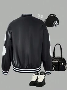 SHEIN Tween Girls Letter & Striped Print Button-Up Long Sleeve Jacket - Black - View 2