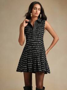 Anewsta Vestido midi con rayas de parches, borde fruncido y efecto de piel sintética sin mangas, adecuado para otoño e invierno - Negro - Ver 8