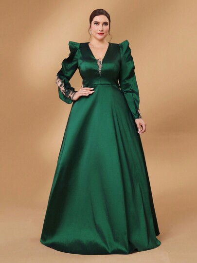 SHEIN Belle Vestido formal elegante de talla grande con mangas con volantes, detalles de lentejuelas y escote en V profundo, color verde bosque, vestido de invitada de boda, vestido de fiesta, vestido de noche, vestido de gala