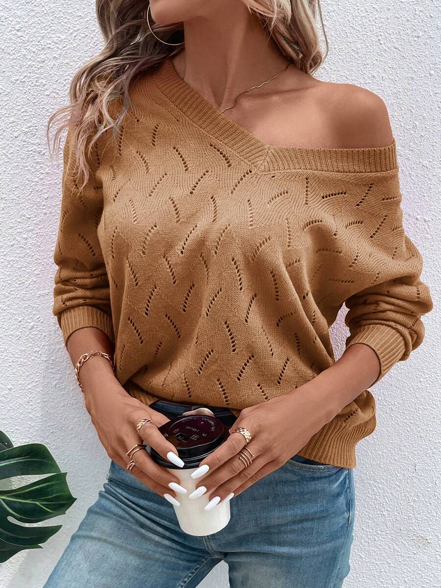 SHEIN LUNE Women Solid V-Neck Batwing Long Sleeve Hollow Casual Sweater For Autumn - Khaki - View 1