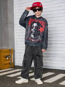 Tween Boy Fashionable Distressed Portrait & Letter Graphic Print Long Sleeve Hoodie Sweatshirt