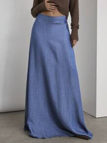 COSMINA Denim 女士纯色口袋设计长款休闲牛仔半身裙 - 中等水洗藍 - 查看 7