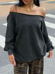 Muchica 1st Dames Distressed Off Shoulder Losse Sweatshirt, Lange Mouw Tops