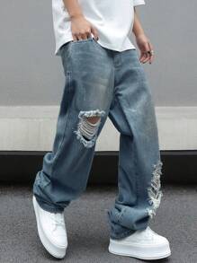 Manfinity EMRG Men's Loose Fit Casual Denim Jeans With Pockets And Wide-Leg Design - Medium Wash - View 4