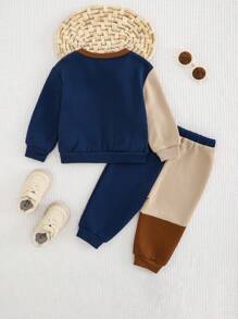 Cozy Pixies 2pcs Baby Boy Contrast Color Knit Soft Crew Neck Long Sleeve Pullover Sweatshirt And Jogger Pants Set, Winter Clothes - Multicolor - View 2