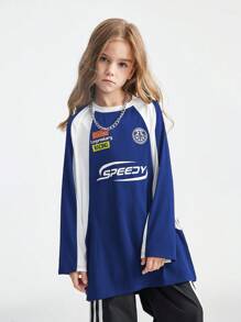 SHEIN Tween Girls Outono Preppy Streetwear Sportswear Blockcore Futebol Camiseta Grande Para Volta Às Aulas