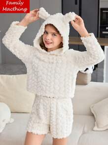 Tween Girls White Fluffy Hooded Long Sleeve Sleepwear And Shorts Pajama Set