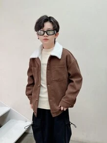 SHEIN 1 chiếc áo khoác nhung kẻ dáng rộng thoải mái và thời trang cho bé trai tuổi mới lớn, phù hợp với phong cách Bomber, Varsity, Y2K, mặc hàng ngày, đi học, du lịch, thể thao, thu/đông - màu nâu - Xem 3