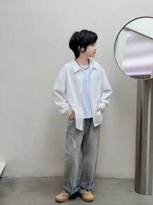 SHEIN Tween Boys 星星印花宽松日韩风格衬衫，多功能：分层、外套，适合秋季/春季、户外玩耍、学校、街头风格、派对、休闲装，物有所值