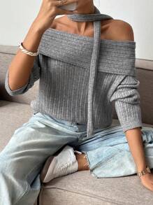 SHEIN Frenchy Áo len trễ vai rộng rãi thanh lịch thường ngày cho nữ - Xám - Xem 6