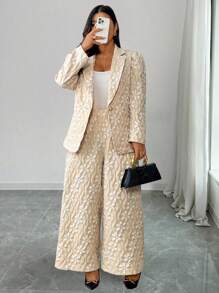 Franclia 2pcs Plus Size Women Floral Jacquard Lapel Long Sleeve Jacket And Wide Leg Pants Casual Set For Autumn
