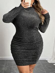 SHEIN CURVE+ Vestido de moda ceñido de manga larga con cuello de volantes, estampado floral brillante, para mujer de talla grande