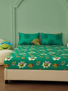 TEENAGE MUTANT NINJA TURTLES | SHEIN 1pc Cartoon & Letter Pattern Green Fitted Sheet,Suitable For Children Single/Double/Queen/King Bed - Green - View 5