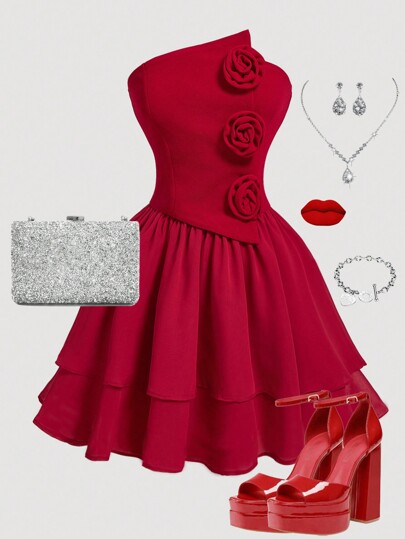 Girlism Teen Girl Röd,Vintage Asymmetrisk Halsringning 3D Rose Mini Axelbandslös Klänning Fest Röd Blomma Tube Klänning Höstkläder,Jul