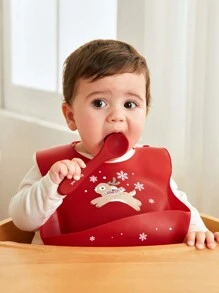 Cozy Pixies 3pcs/Set Christmas Reindeer & Snowflake Baby Silicone Bib, Placemat, Spoon, Waterproof & Stain-Resistant, For Infant Feeding, For Gift - Red - View 7