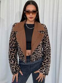 Veste en jean courte style décontracté de rue pour femme, avec col en léopard, fermeture éclair devant. Avec doublure thermique épaisse en denim - Tabac - Voir 4